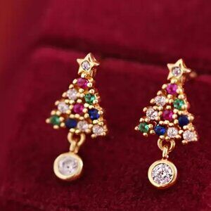 NEW Goldtone multicolor bezel pave set CZ Christmas stud earrings- small cute